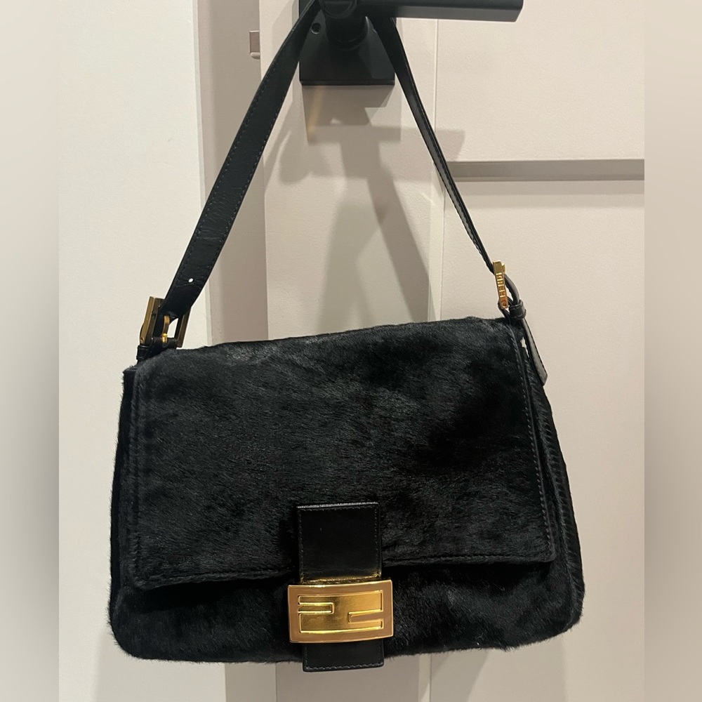 Fendi Black Fur Shoulder Bag with Gold Hardware